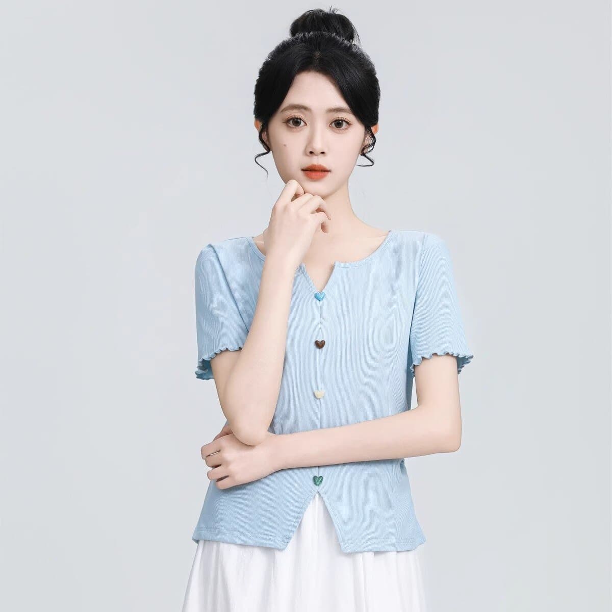 여름 새로운 쇼트 스타일 파란색 몸매 가꾸기 슬림해 보이는 신선함 품격 맨위 이미지 2