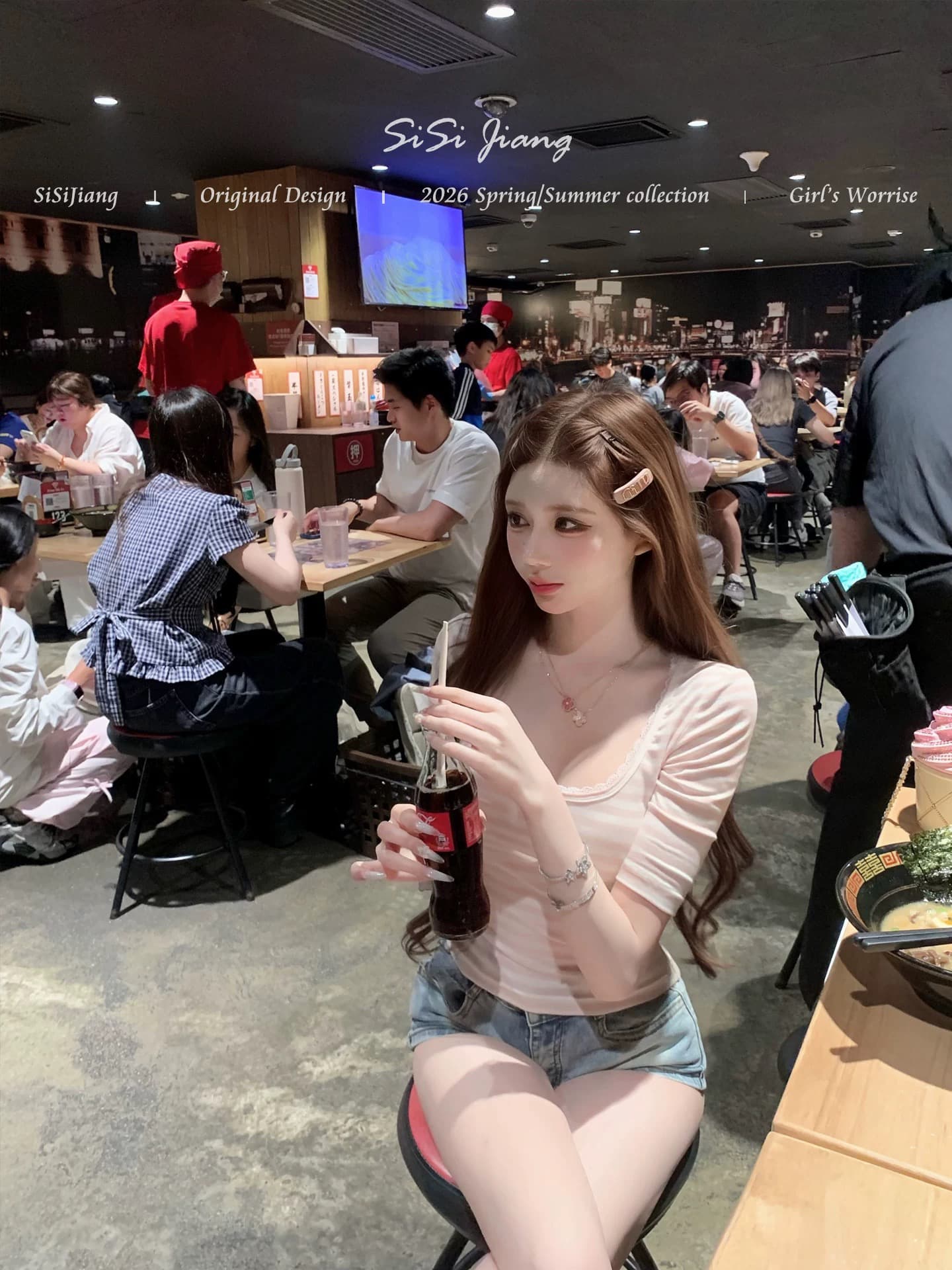 sisi jiang 순수한 욕망 소녀 달콤한 꿈 순수한 욕망 레이스 몸매 가꾸기 슬림해 보이는 u 칼라 캐주얼 다용도 스트라이프 반팔 이미지 4