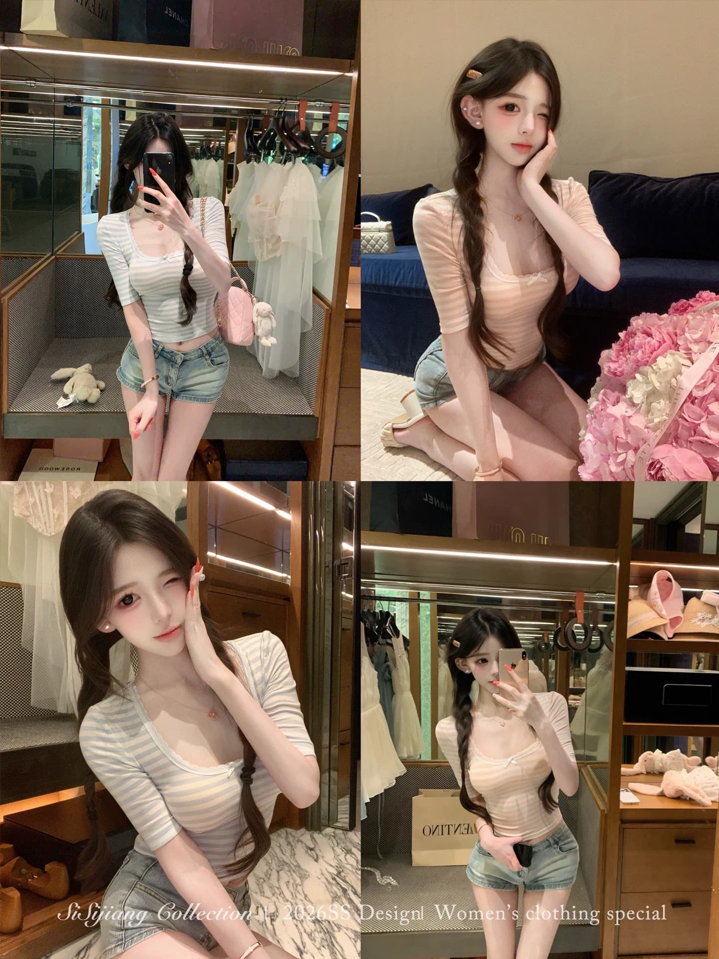 sisi jiang 순수한 욕망 소녀 달콤한 꿈 순수한 욕망 레이스 몸매 가꾸기 슬림해 보이는 u 칼라 캐주얼 다용도 스트라이프 반팔 상세 이미지 2
