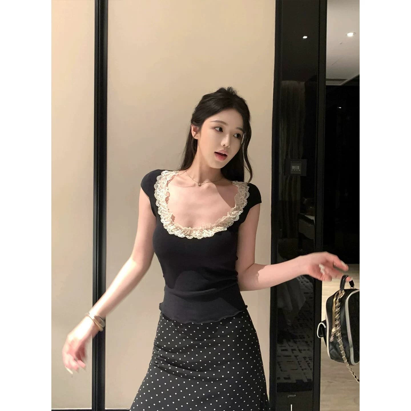 260 그램 사람들 면 순수한 욕망 레이스 레이스 u 칼라 반팔 티셔츠 여성 여름 섹시함 허리 수축 몸매 가꾸기 슬림해 보이는 다용도 맨위 이미지 3
