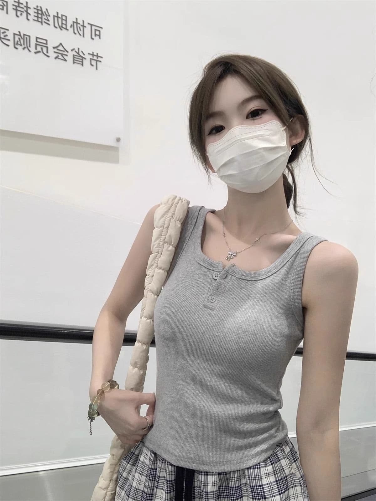 260 그램 단색 단추 캐미솔 외출용 몸매 가꾸기 다용도 민소매 맨위