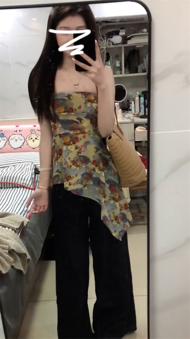 프랑스식 불규칙 허리 수축 유화 튜브탑 슬립 티셔츠 여성 2026 여름 새로운 디자인 센스 꽃무늬 민소매 맨위 상세 이미지 6