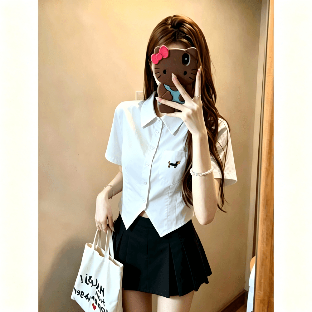 한 부서 핫걸 몸매 가꾸기 쇼트 스타일 여성 셔츠 여름 자수 강아지 디자인 센스 불규칙 밑단 슬림해 보이는 맨위 상세 이미지 9