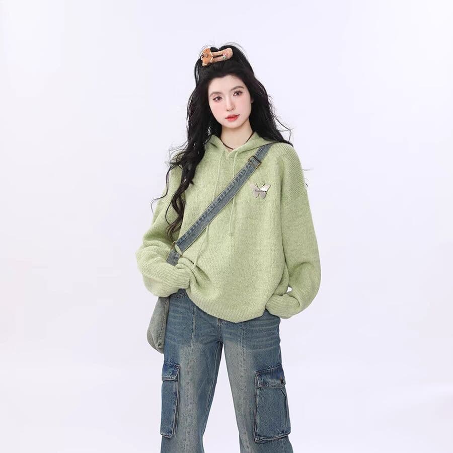 봄 가을 새로운 느긋한 바람 후드 스웨터 여자 디자인 센스 작은 대중 와이드 부드러운 찹쌀 녹색 니트 스웨터 맨위 긴팔
