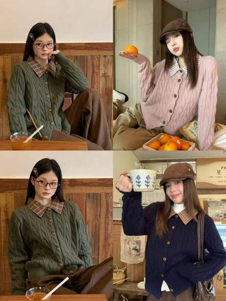 올리브 그린 싸움 체크무늬 니트 스웨터 오픈 가디건 여성 겨울 섹션 2026 새로운 자이언트 잘 생긴 폴로 칼라 재킷 상세 이미지 1