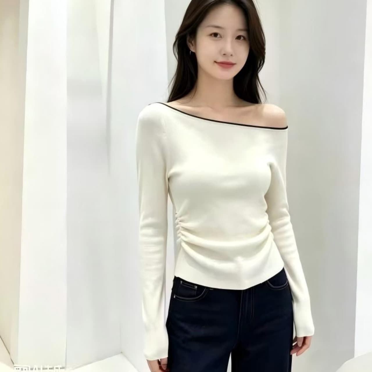 4 가지 색상 오프숄더 오프숄더 길다 소매 위버 가을 디자인 센스 작은 대중 몸매 가꾸기 타이트 핫걸 맨위