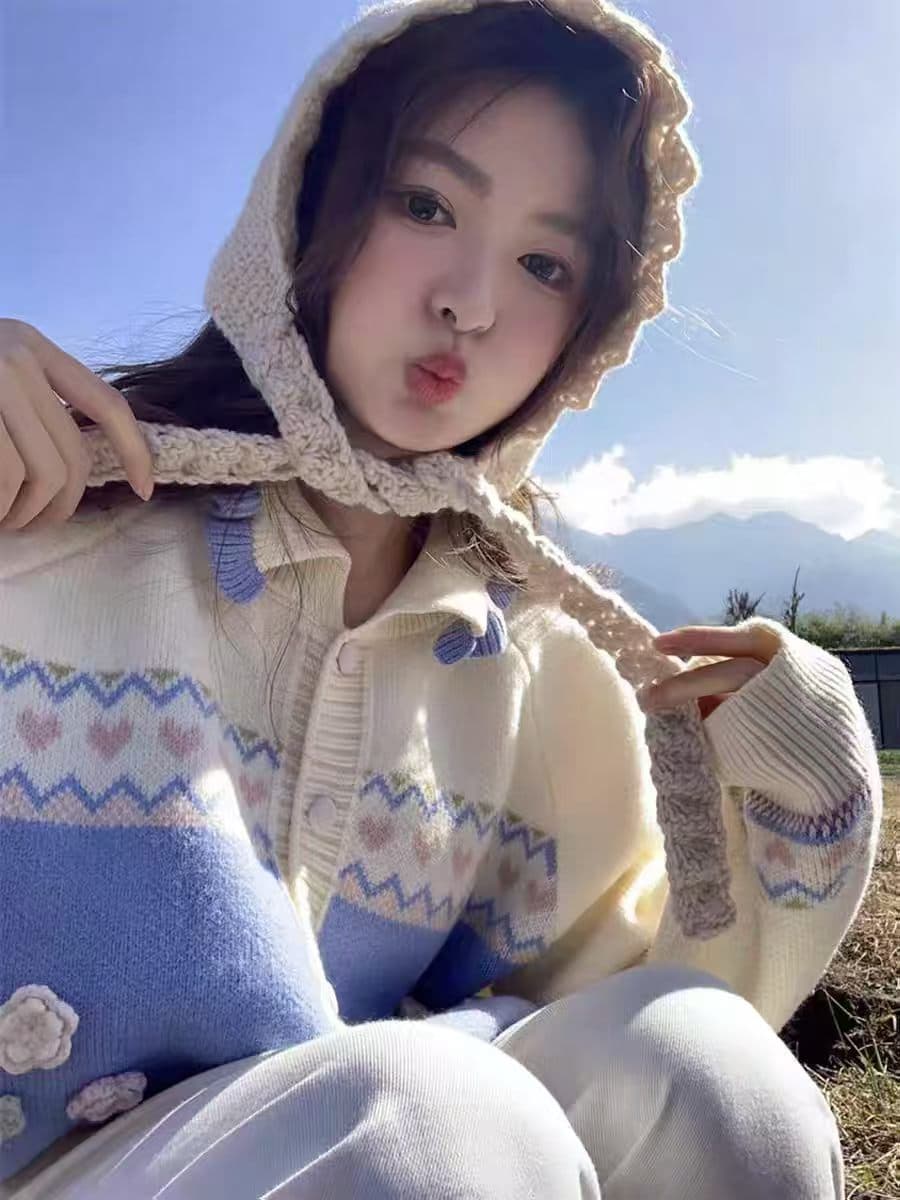 가을 겨울 레트로 부드러운 센스 디자인 공정한 섬 손 자수 패턴 배색 니트 맨위 스웨터 카디건 코트 이미지 2