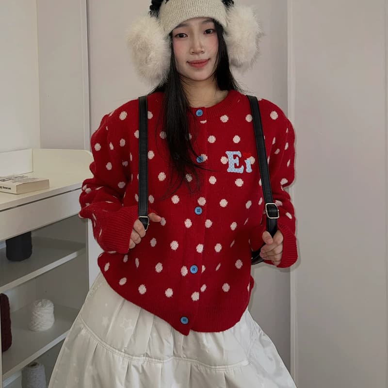 아메리칸 레트로 도트 무늬 오픈 가디건 파란색 스웨터 여성 코트 이른 가을 쇼트 스타일 느긋한 바람 니트 스웨터 맨위 상세 이미지 1