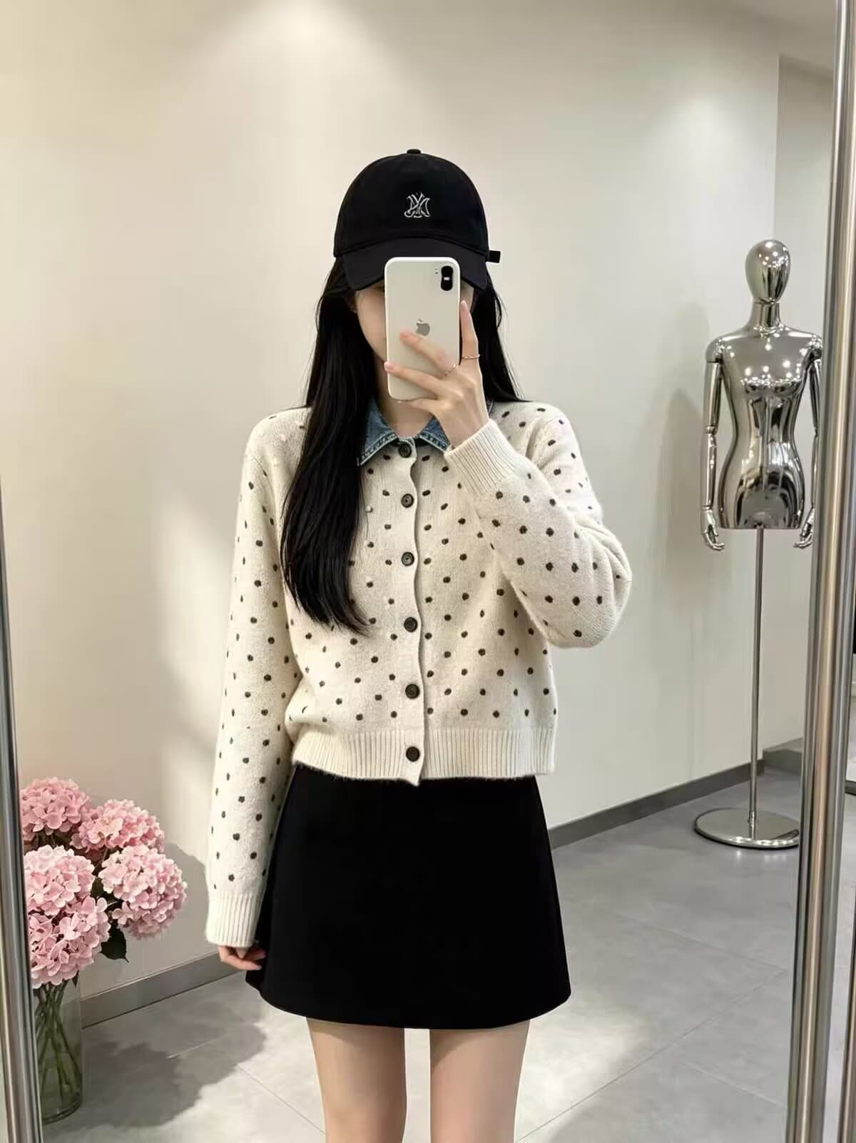 프랑스식 도트 무늬 페이크 레이어드 데님 패치워크 POLO 칼라 니트 스웨터 부드러운 찹쌀 연령 감소 스웨터 코트 가을 겨울철 새로운
