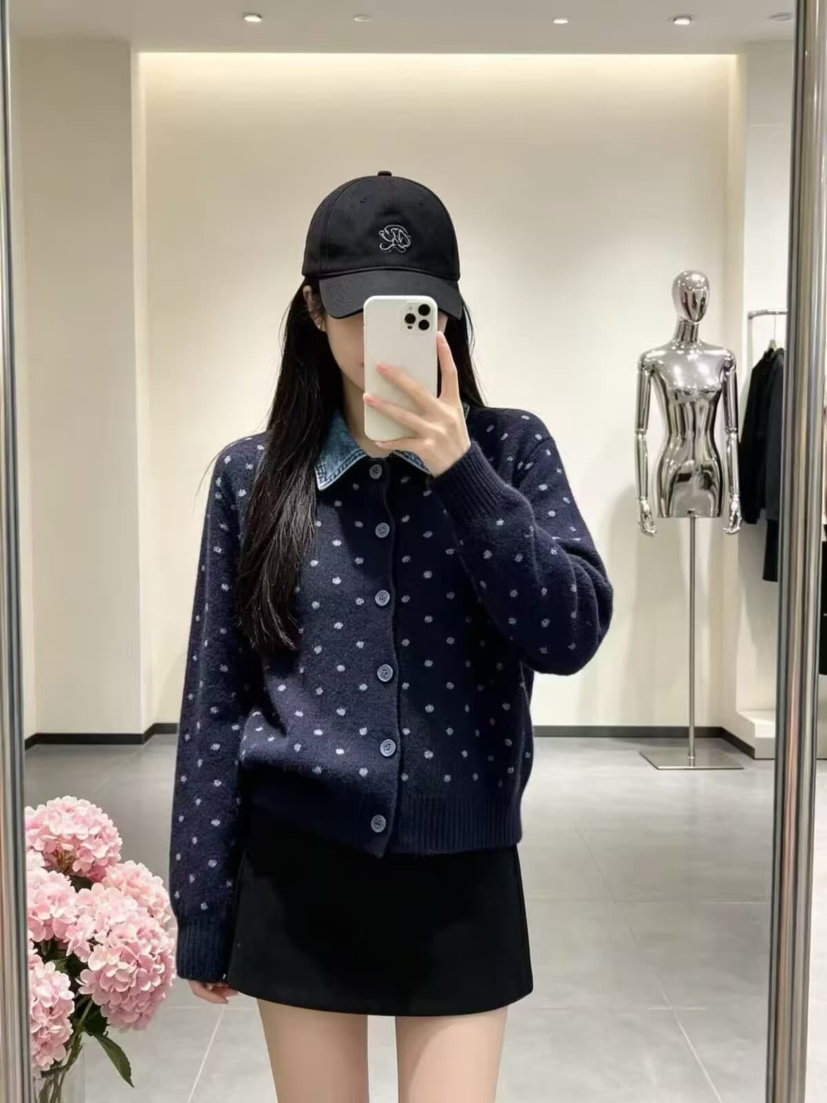 프랑스식 도트 무늬 페이크 레이어드 데님 패치워크 POLO 칼라 니트 스웨터 부드러운 찹쌀 연령 감소 스웨터 코트 가을 겨울철 새로운 상세 이미지 1