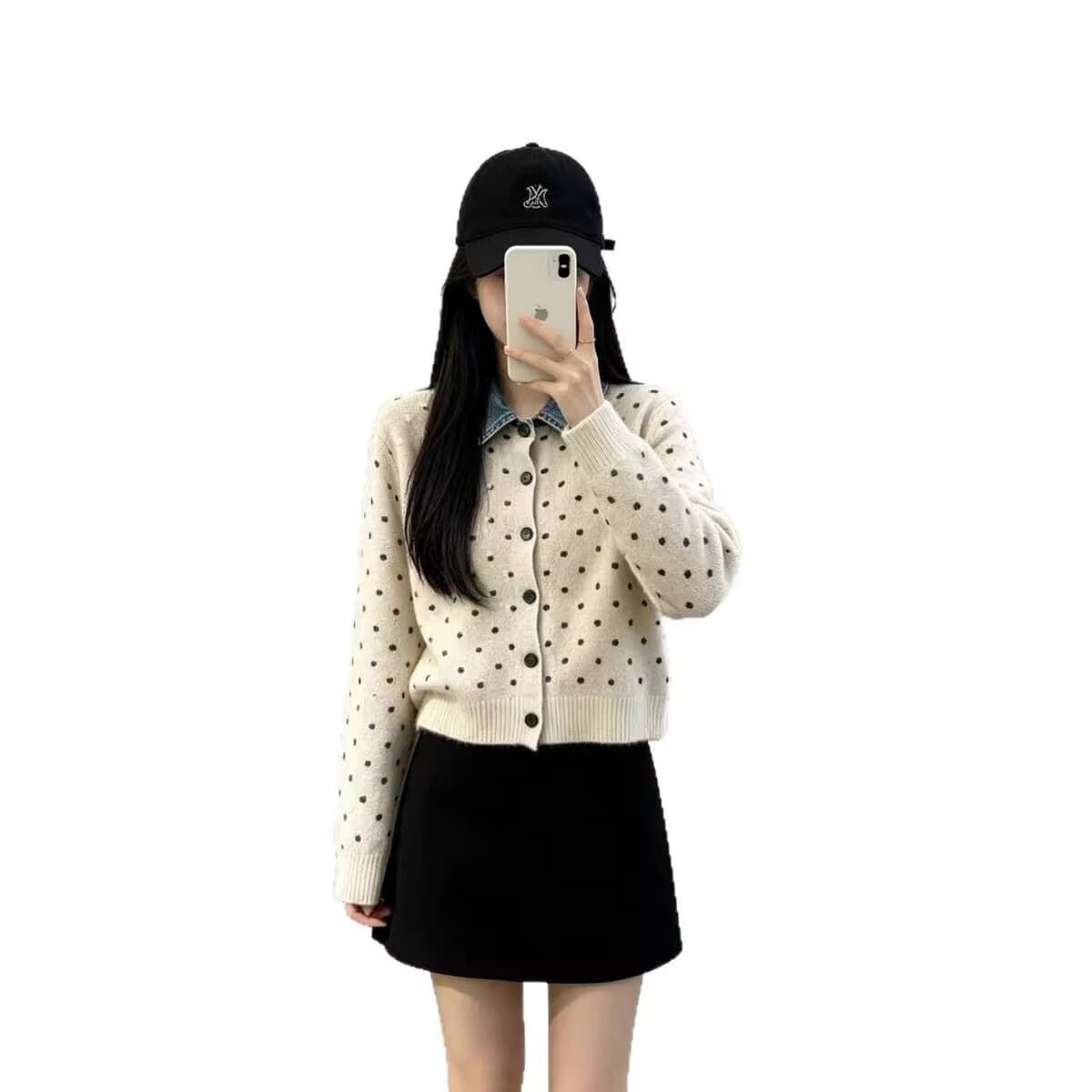 프랑스식 도트 무늬 페이크 레이어드 데님 패치워크 POLO 칼라 니트 스웨터 부드러운 찹쌀 연령 감소 스웨터 코트 가을 겨울철 새로운 상세 이미지 5