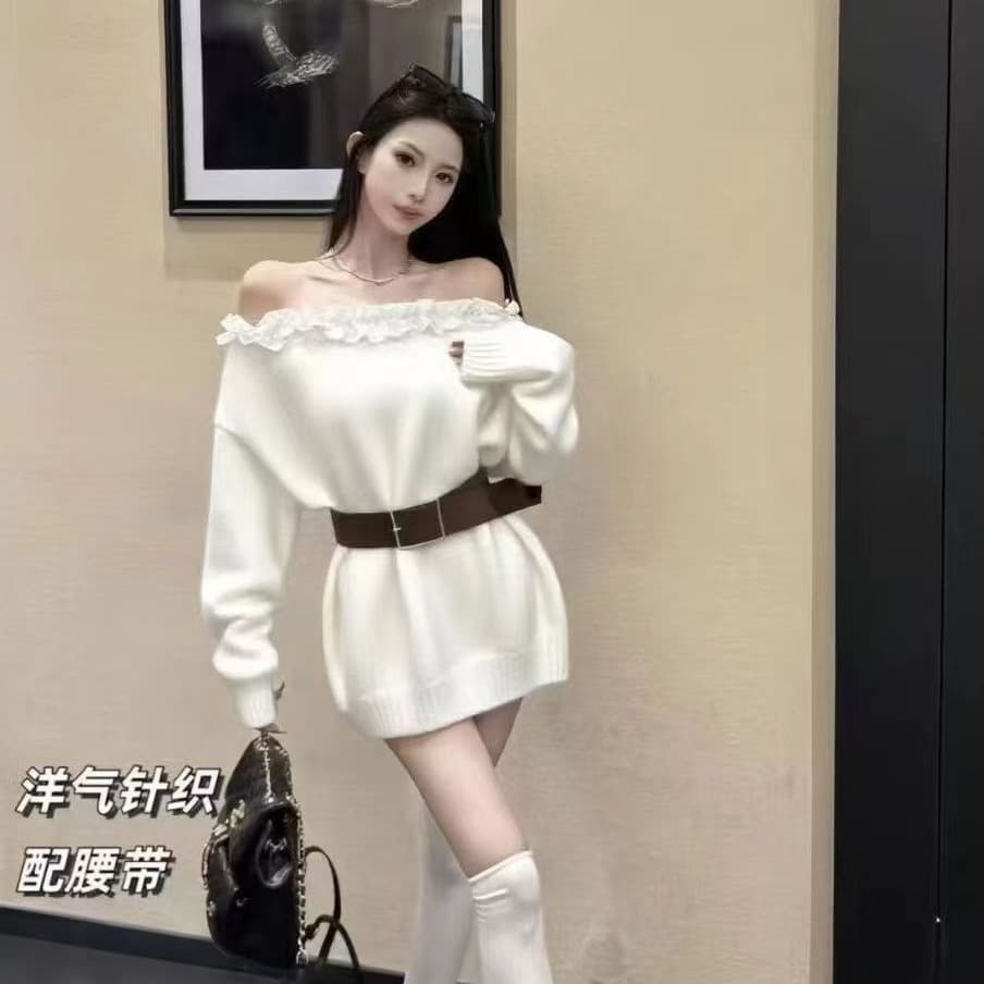 이른 가을 착용 가져 가라. 회색 비스듬한 어깨 긴팔 맨위 여성 의류 한 부서 chic 레이스 패치워크 오프숄더 디자인 센스 루즈핏