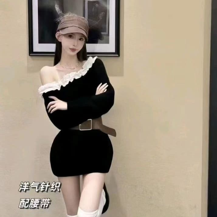 이른 가을 착용 가져 가라. 회색 비스듬한 어깨 긴팔 맨위 여성 의류 한 부서 chic 레이스 패치워크 오프숄더 디자인 센스 루즈핏 이미지 2