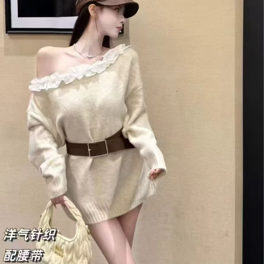 이른 가을 착용 가져 가라. 회색 비스듬한 어깨 긴팔 맨위 여성 의류 한 부서 chic 레이스 패치워크 오프숄더 디자인 센스 루즈핏 이미지 4