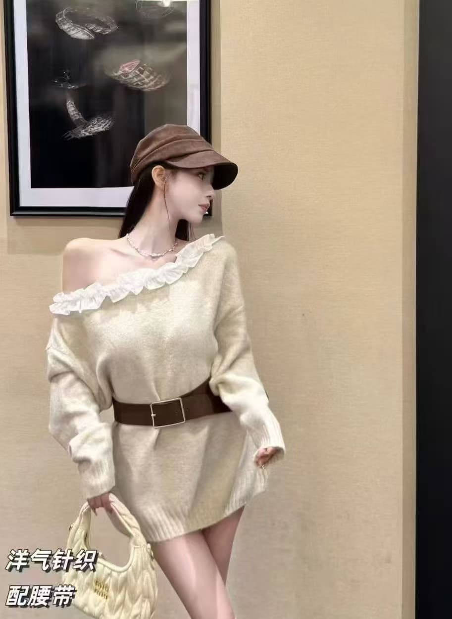 이른 가을 착용 가져 가라. 회색 비스듬한 어깨 긴팔 맨위 여성 의류 한 부서 chic 레이스 패치워크 오프숄더 디자인 센스 루즈핏 상세 이미지 1