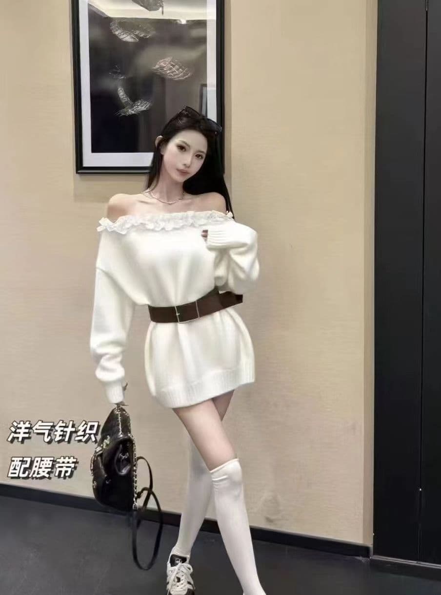 이른 가을 착용 가져 가라. 회색 비스듬한 어깨 긴팔 맨위 여성 의류 한 부서 chic 레이스 패치워크 오프숄더 디자인 센스 루즈핏 상세 이미지 2