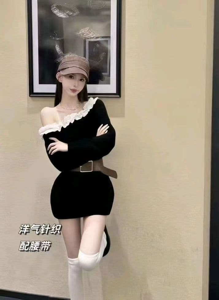 이른 가을 착용 가져 가라. 회색 비스듬한 어깨 긴팔 맨위 여성 의류 한 부서 chic 레이스 패치워크 오프숄더 디자인 센스 루즈핏 상세 이미지 4
