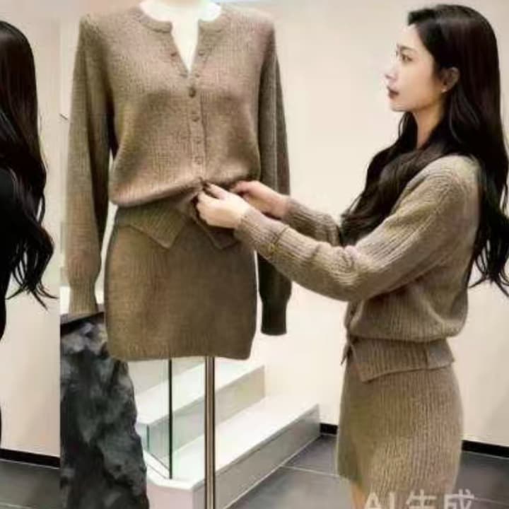 프랑스식 작은 샤넬 스타일 2026 가을 새로운 슈퍼 잘 생긴 부유 한 가족 여성 뜨개질 오픈 가디건 가져 가라. 미니 스커트 투피스 슈트 이미지 4