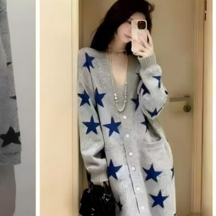 한 부서 별 프린트 니트 오픈 가디건 여성 가을 겨울 느긋한 루즈핏 롱 코트 슬림해 보이는 보온 스웨터 코트 이미지 2