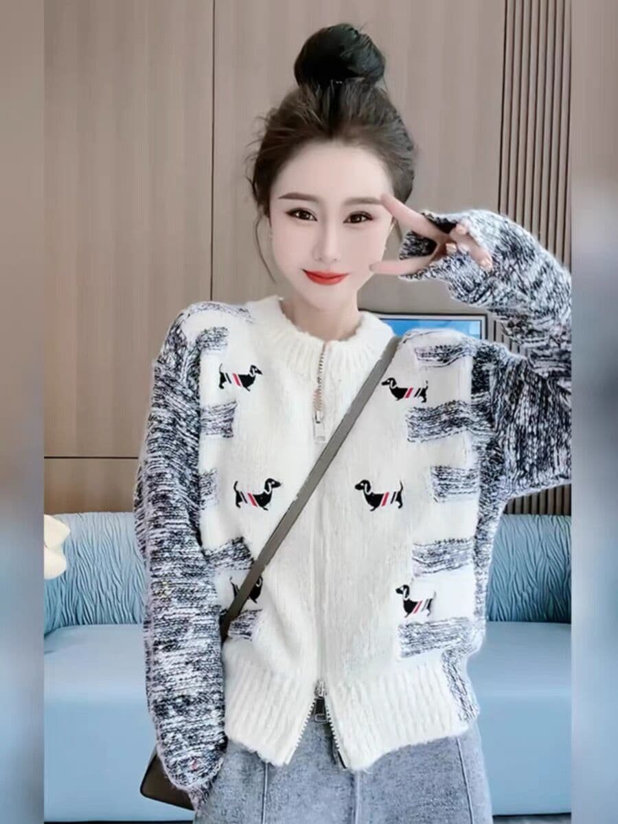 강아지 자수 지퍼 스웨터 오픈 가디건 가을 겨울철 달콤함 연령 감소 디자인 센스 루즈핏 긴팔 니트 스웨터 여성 코트