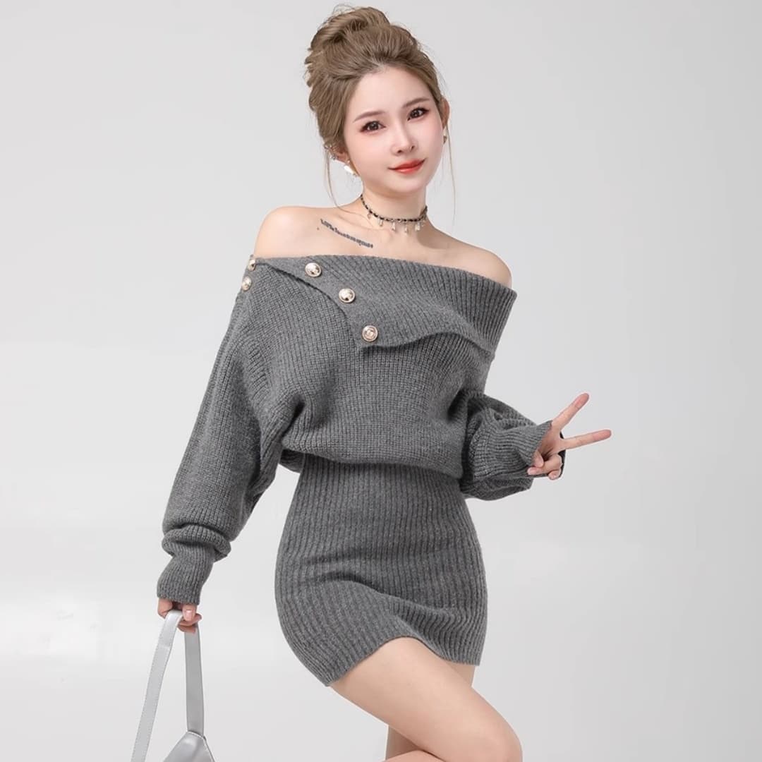 한국 chic 가을 겨울 프랑스식 품격 오프숄더 단추 디자인 센스 몸매 가꾸기 슬림해 보이는 타이트 스커트 니트 드레스