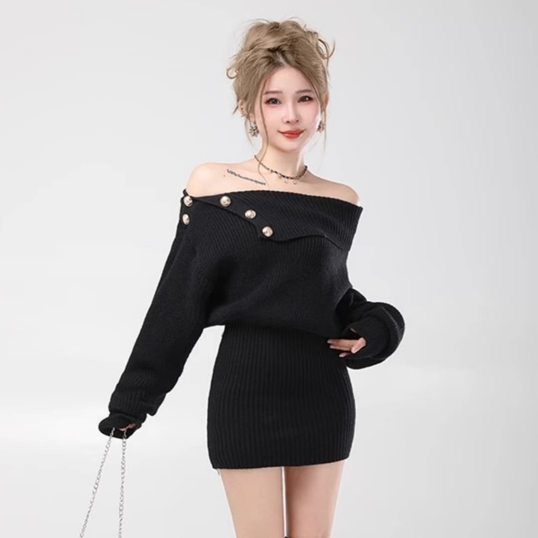 한국 chic 가을 겨울 프랑스식 품격 오프숄더 단추 디자인 센스 몸매 가꾸기 슬림해 보이는 타이트 스커트 니트 드레스 이미지 3