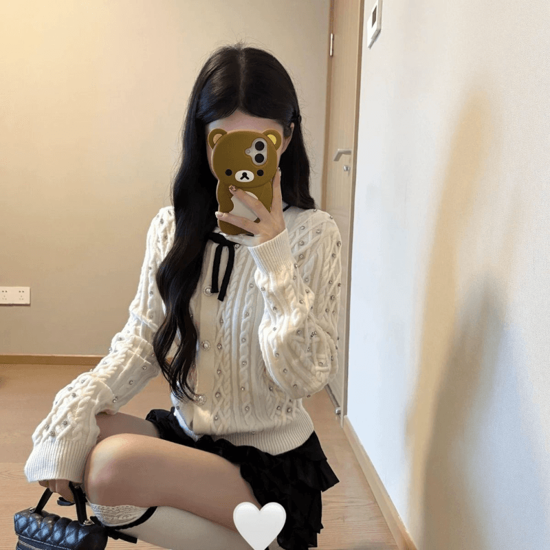 한 부서 고급 센스 핫픽스 나비 매듭 화이트 스웨터 오픈 가디건 여성 가을 겨울 수 있습니다. 외출용 인사이드 가져 가라. 니트 재킷 맨위 이미지 4