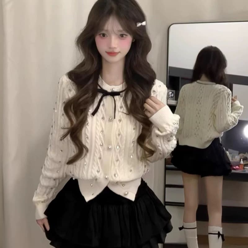 한 부서 고급 센스 핫픽스 나비 매듭 화이트 스웨터 오픈 가디건 여성 가을 겨울 수 있습니다. 외출용 인사이드 가져 가라. 니트 재킷 맨위 이미지 2