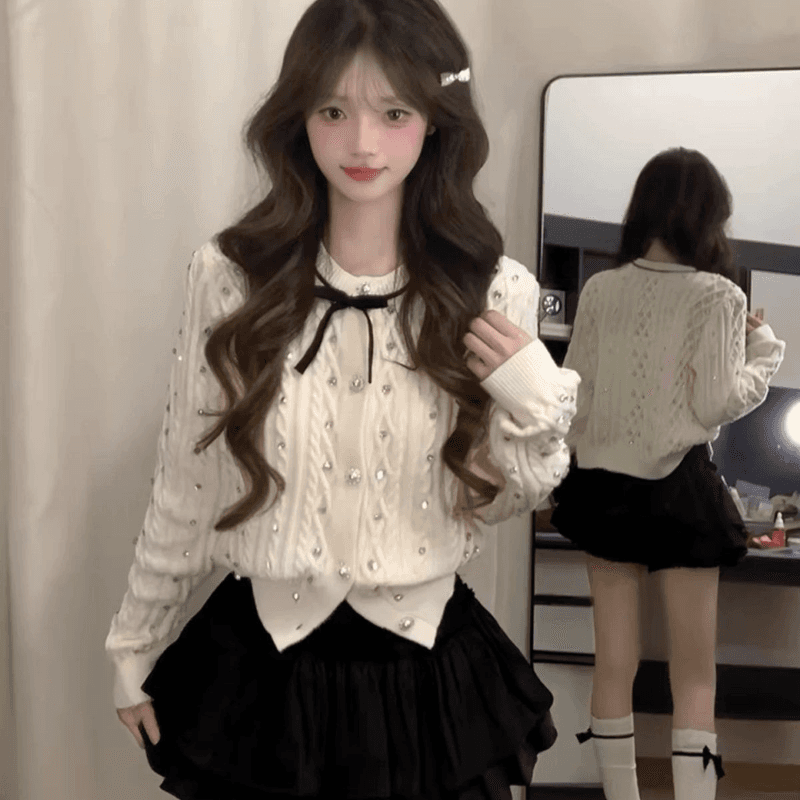 한 부서 고급 센스 핫픽스 나비 매듭 화이트 스웨터 오픈 가디건 여성 가을 겨울 수 있습니다. 외출용 인사이드 가져 가라. 니트 재킷 맨위 상세 이미지 2