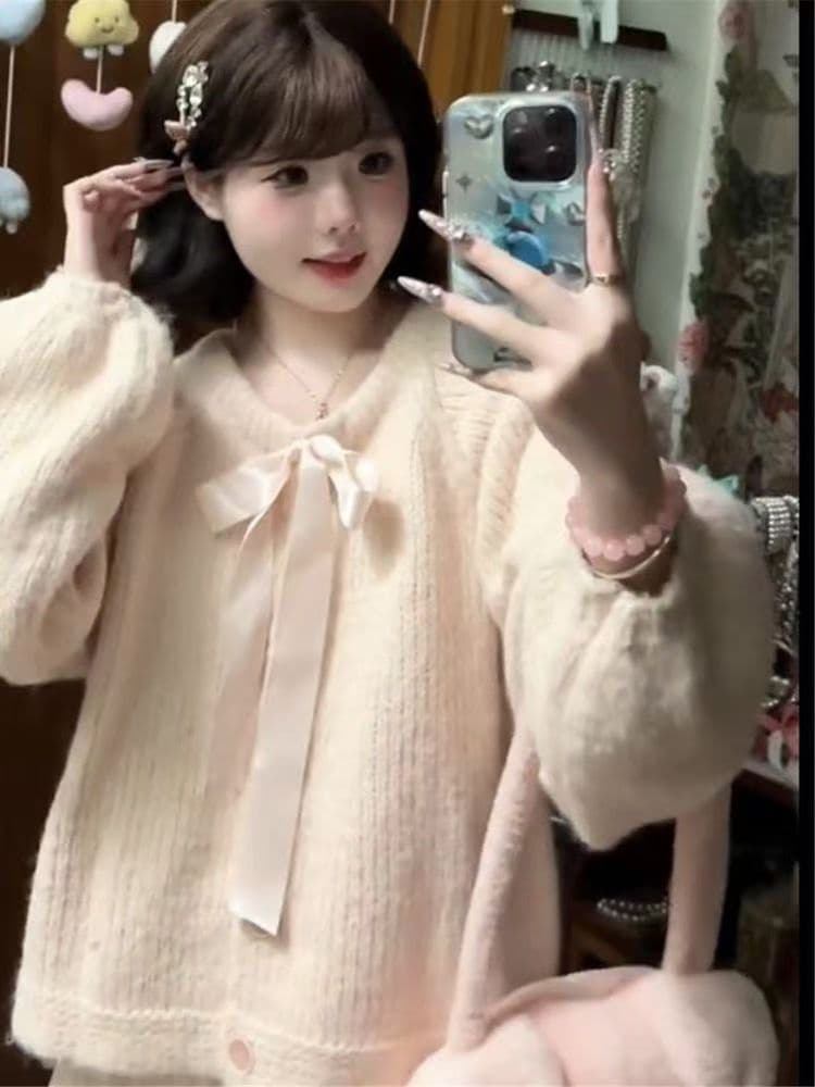 부드러운 달콤한 스타일 핑크색 나비 매듭 스트랩 스웨터 여성 코트 봄 가을 겨울 새로운 외국 가스 다용도 니트 오픈 가디건 상세 이미지 1
