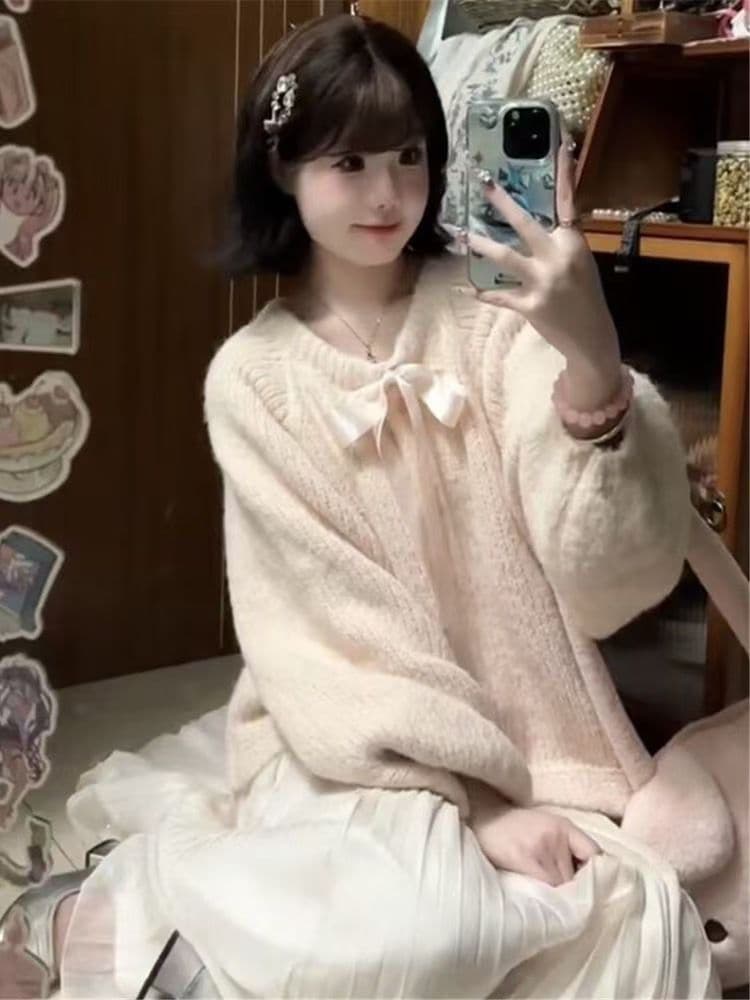 부드러운 달콤한 스타일 핑크색 나비 매듭 스트랩 스웨터 여성 코트 봄 가을 겨울 새로운 외국 가스 다용도 니트 오픈 가디건 상세 이미지 3