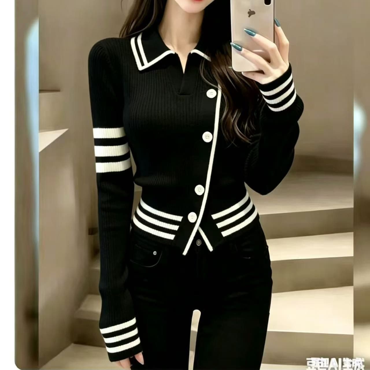 새로운 POLO 칼라 스트라이프 니트 오픈 가디건 여성 가을 쇼트 스타일 스웨터 코트 몸매 가꾸기 슬림해 보이는 맨위