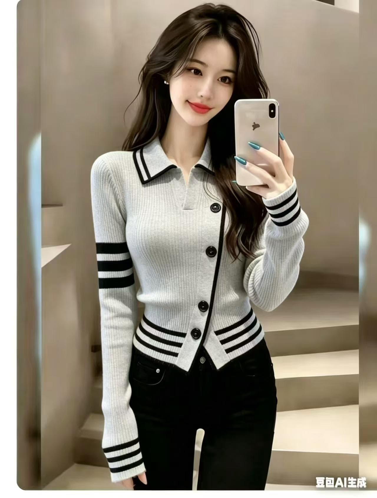 새로운 POLO 칼라 스트라이프 니트 오픈 가디건 여성 가을 쇼트 스타일 스웨터 코트 몸매 가꾸기 슬림해 보이는 맨위 이미지 4