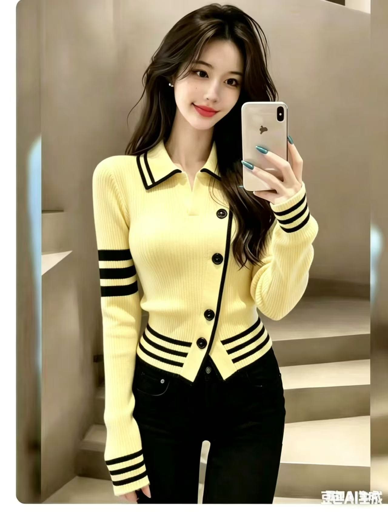 새로운 POLO 칼라 스트라이프 니트 오픈 가디건 여성 가을 쇼트 스타일 스웨터 코트 몸매 가꾸기 슬림해 보이는 맨위 상세 이미지 4