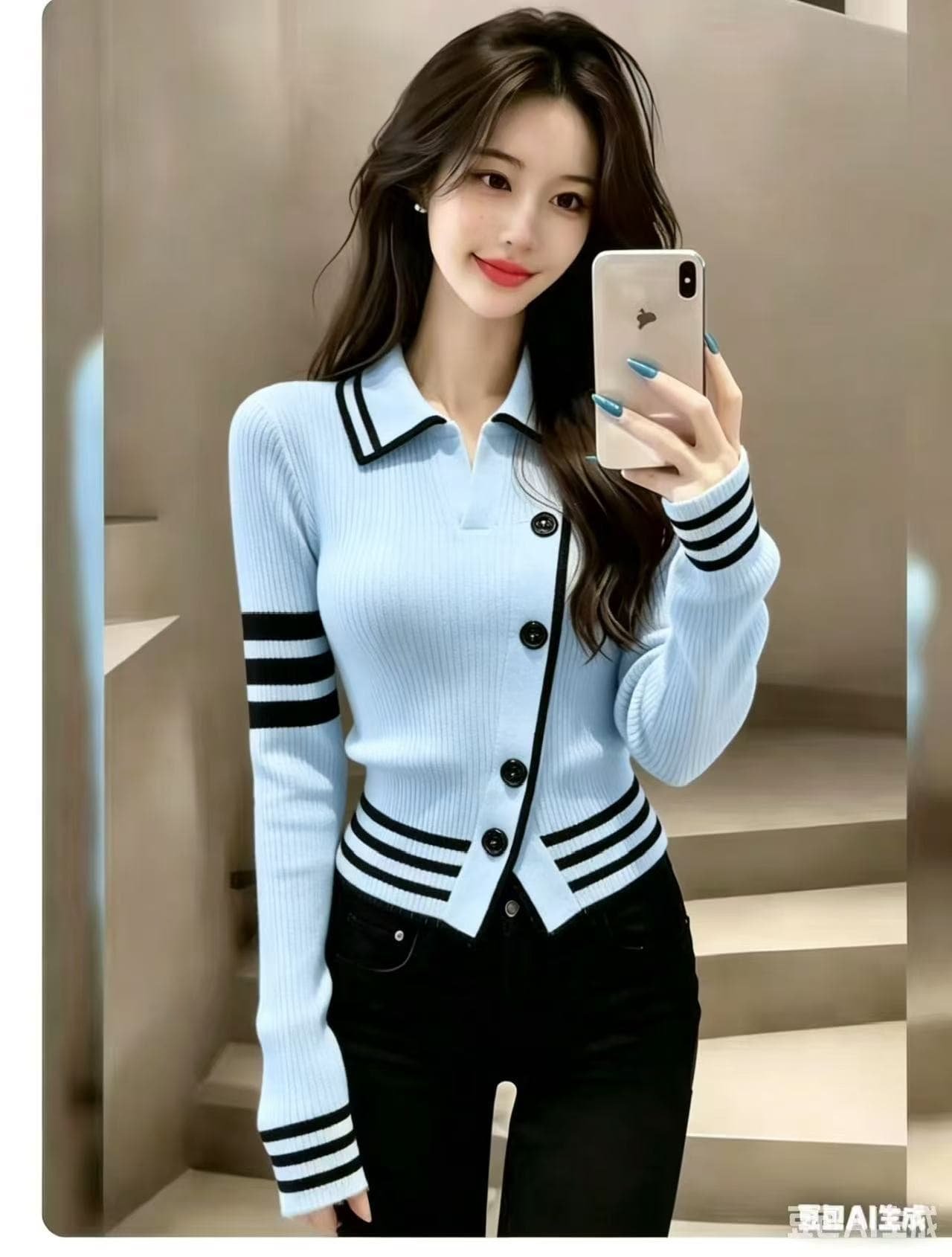 새로운 POLO 칼라 스트라이프 니트 오픈 가디건 여성 가을 쇼트 스타일 스웨터 코트 몸매 가꾸기 슬림해 보이는 맨위 상세 이미지 5
