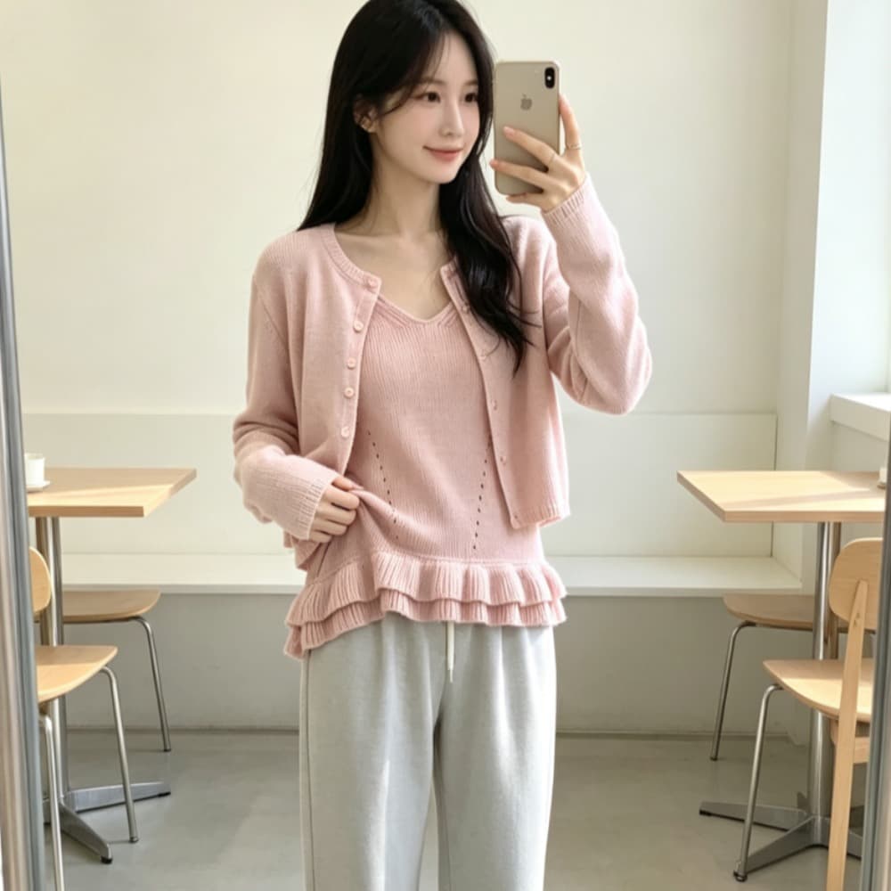 한국 슈퍼 화재 내부 및 외부 스택 착용 스웨터 오픈 가디건 두 조각 여성 세트 가을 프릴 따뜻한 니트 재킷 이미지 2