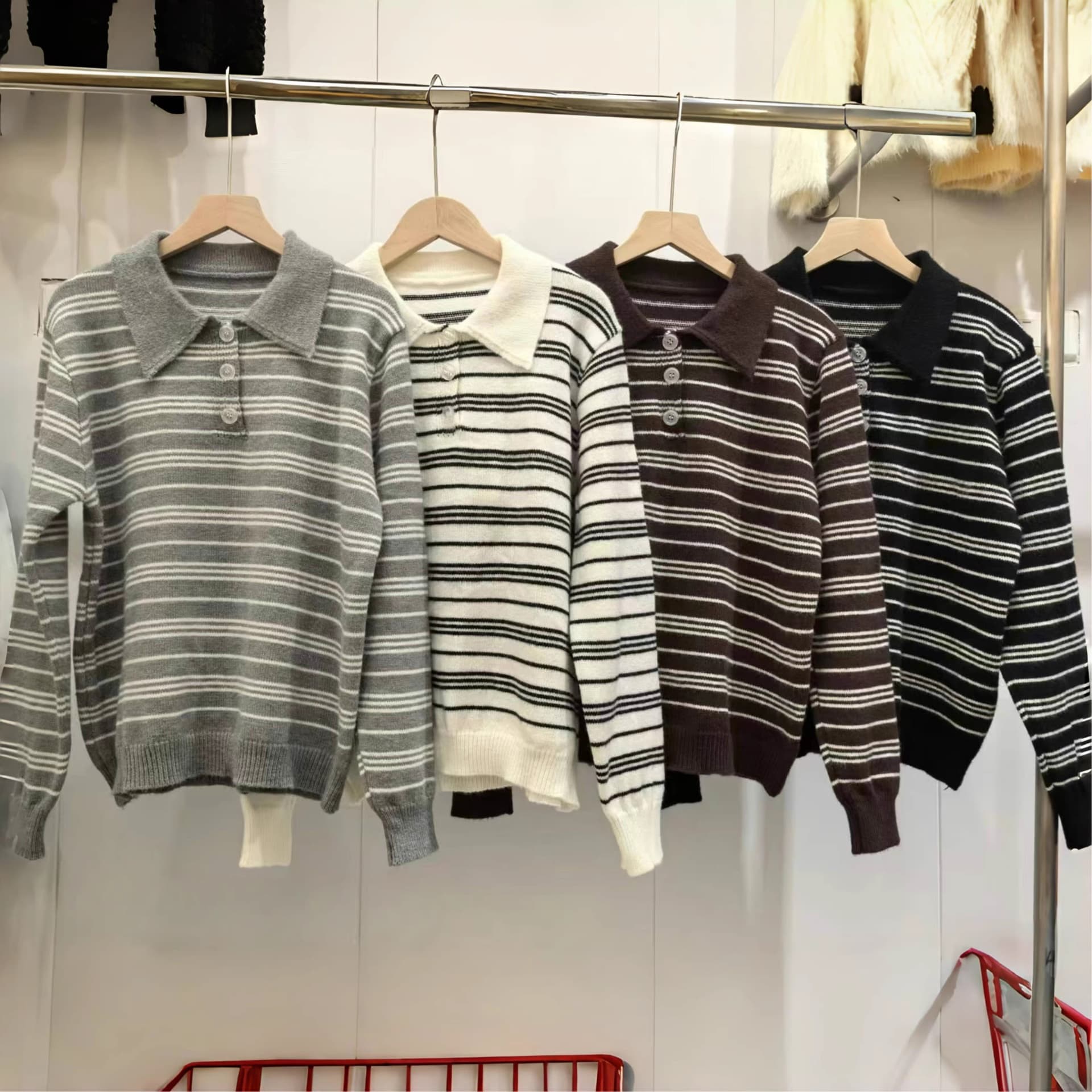 다용도 POLO 칼라 긴팔 니트 스웨터 여성 새로운 스트라이프 긴팔 루즈핏 슬림해 보이는 스웨터 이미지 5