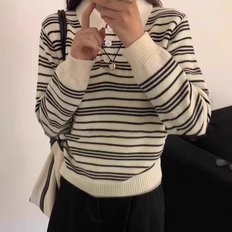 다용도 POLO 칼라 긴팔 니트 스웨터 여성 새로운 스트라이프 긴팔 루즈핏 슬림해 보이는 스웨터 상세 이미지 1
