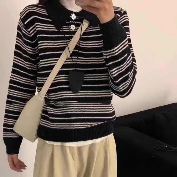 다용도 POLO 칼라 긴팔 니트 스웨터 여성 새로운 스트라이프 긴팔 루즈핏 슬림해 보이는 스웨터 상세 이미지 2