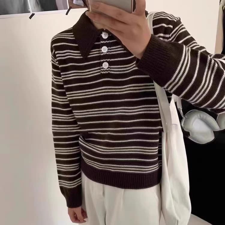 다용도 POLO 칼라 긴팔 니트 스웨터 여성 새로운 스트라이프 긴팔 루즈핏 슬림해 보이는 스웨터 상세 이미지 3