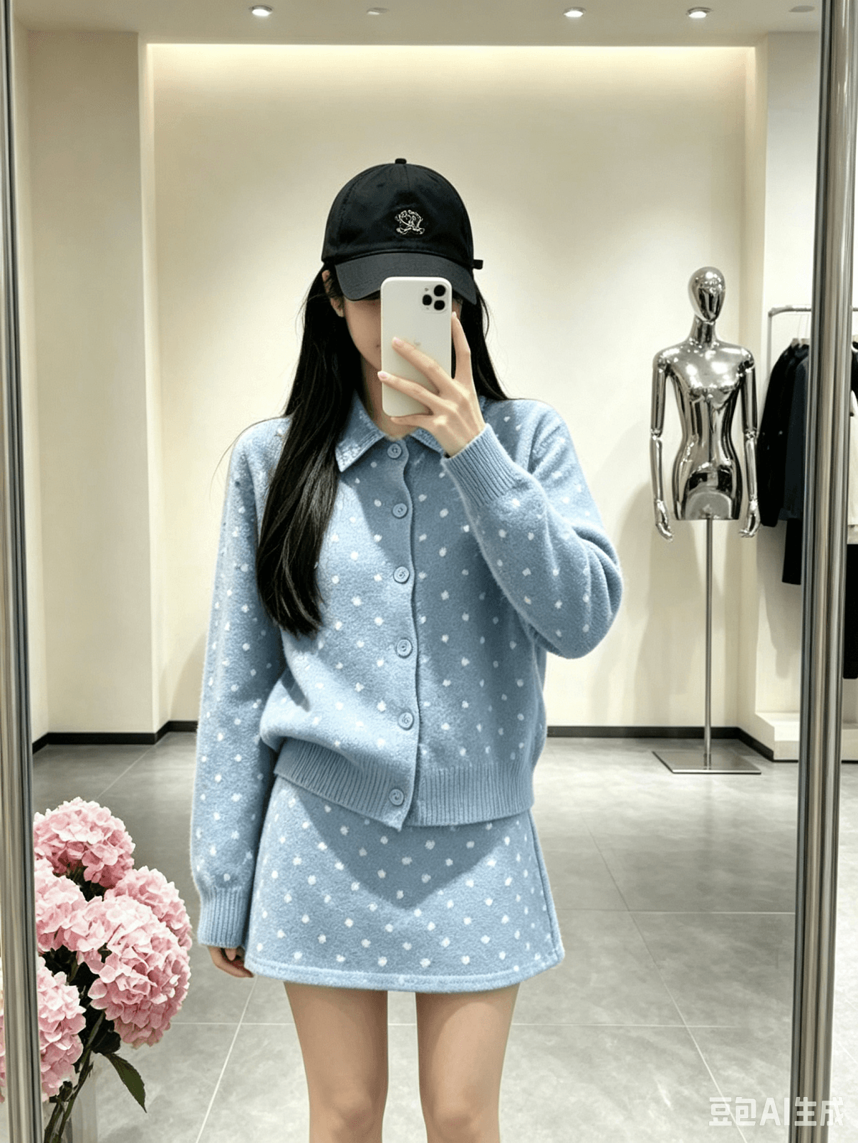 프랑스식 도트 무늬 투피스 세트 데님 패치워크 POLO 칼라 니트 스웨터 부드러운 찹쌀 연령 감소 스웨터 코트 가을 겨울철 새로운 이미지 3