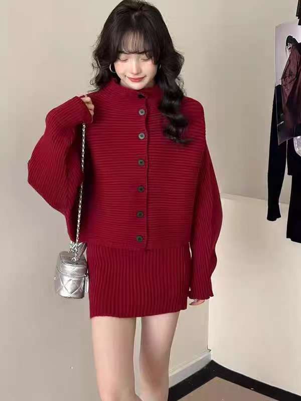 루즈핏 느긋한 고급 센스 싱글 줄 버튼 스웨터 미니 스커트 타이트 스커트 반신 치마 세트 자이언트 잘 생긴 ~ 중 겨울 의류 투피스 세트 상세 이미지 1
