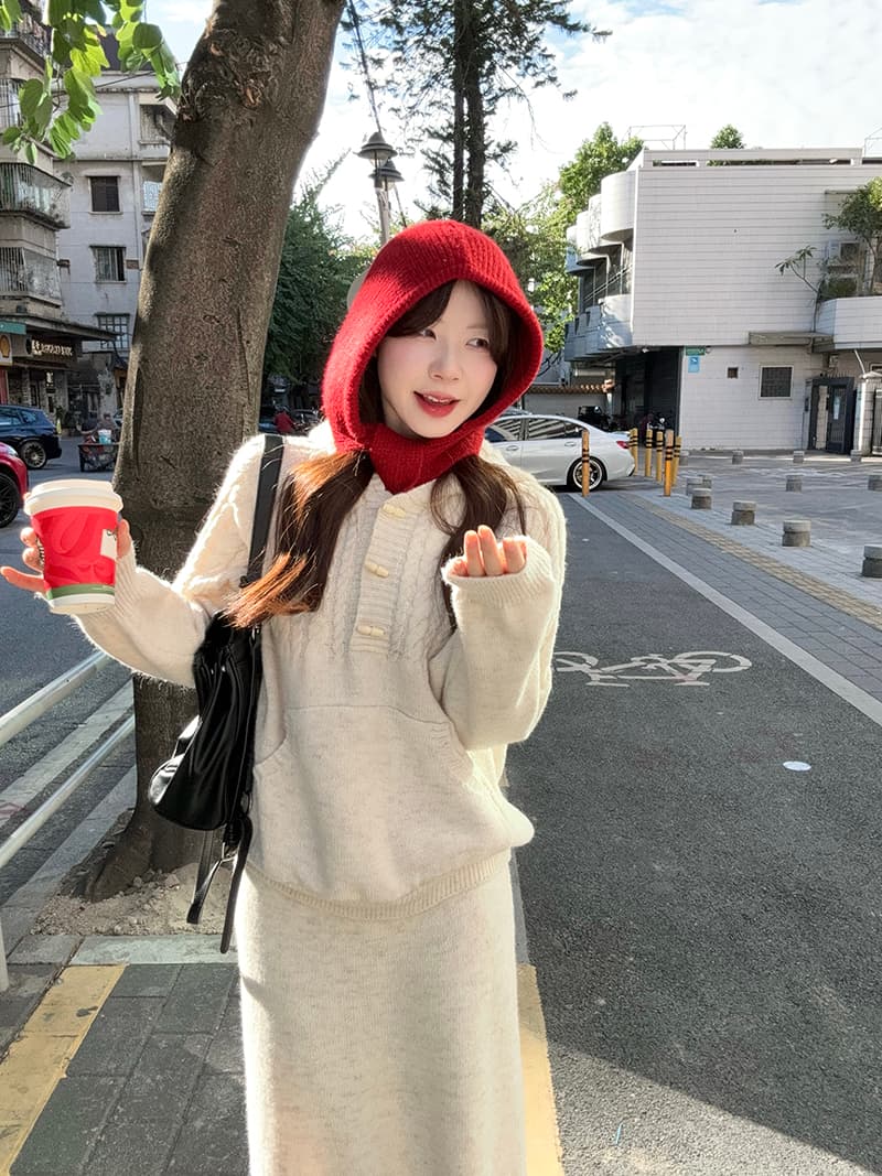 새로운 가을 겨울 레트로 느긋한 바람 후드 니트 스웨터 슬림해 보이는 캐주얼 반신 치마 세트 상세 이미지 5