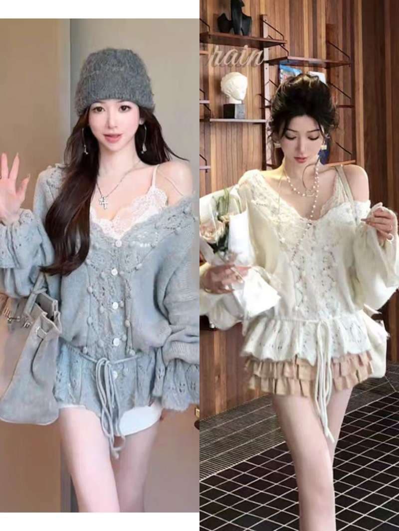 프랑스식 부드러운 V넥 홀로우 아웃 나팔 소매 스웨터 여자 2026 가을 새로운 느긋한 루즈핏 니트 오픈 가디건 맨위 상세 이미지 3