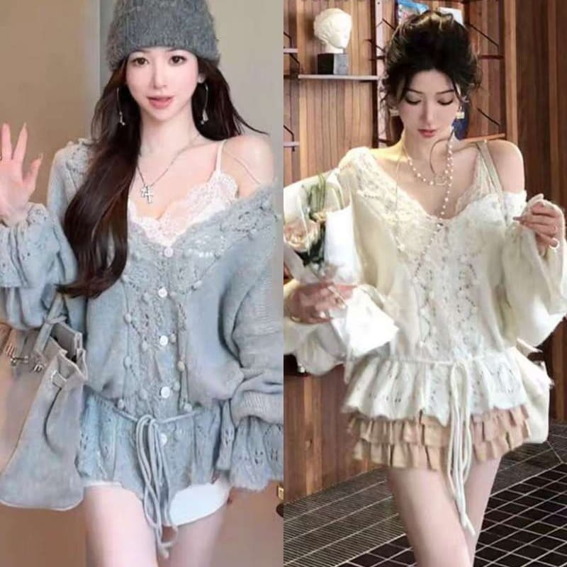 프랑스식 부드러운 V넥 홀로우 아웃 나팔 소매 스웨터 여자 2026 가을 새로운 느긋한 루즈핏 니트 오픈 가디건 맨위