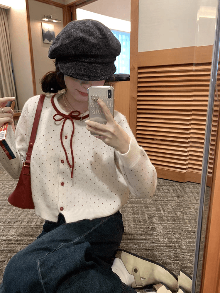 화이트 도트 무늬 스웨터 오픈 가디건 여성 가을 겨울 크리스마스 착용 가져 가라. 쇼트 스타일 양모 니트 스웨터 재킷 인사이드 가져 가라. 만나는 맨위 상세 이미지 9