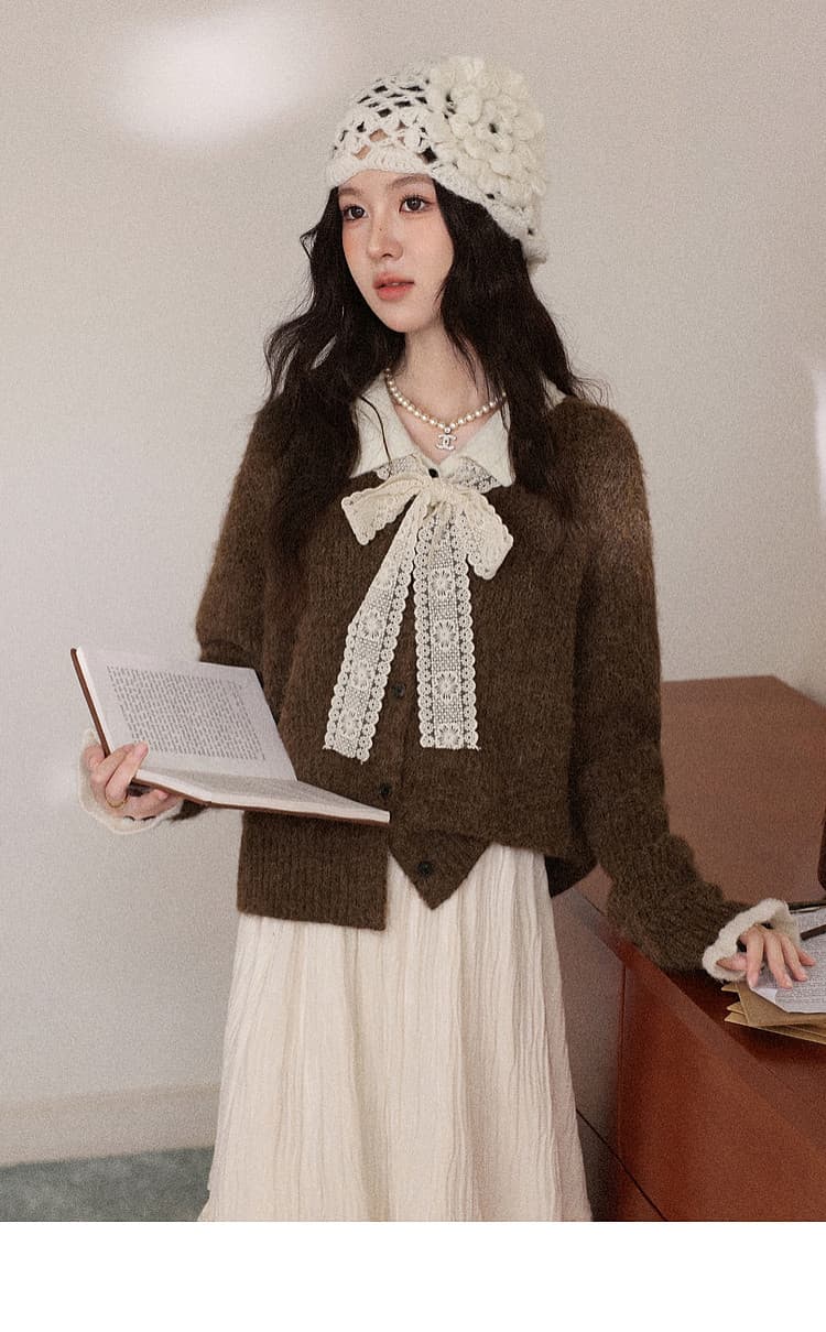 폴로 칼라 페이크 레이어드 스웨터 여성 코트 가을 겨울철 새로운 레이스 나비 매듭 니트 오픈 가디건 쇼트 스타일 맨위 상세 이미지 5
