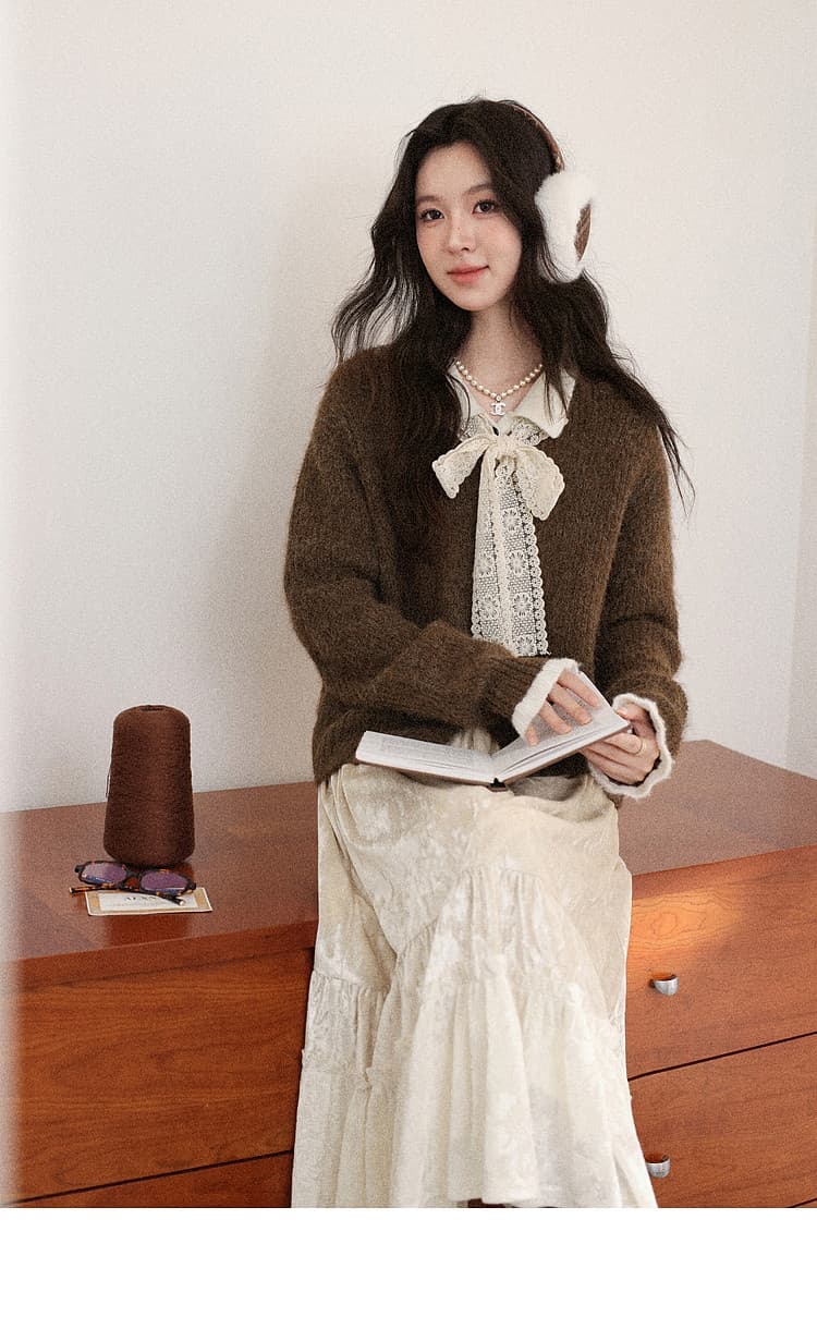 폴로 칼라 페이크 레이어드 스웨터 여성 코트 가을 겨울철 새로운 레이스 나비 매듭 니트 오픈 가디건 쇼트 스타일 맨위 상세 이미지 15