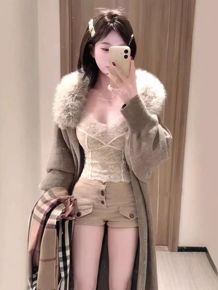 문예 디자인 털 모피 칼라 재킷 롱 코트 바람막이 털 니트 오픈 가디건 한국 스타일 코트 이미지 5