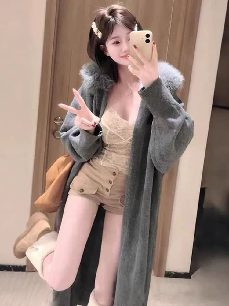 문예 디자인 털 모피 칼라 재킷 롱 코트 바람막이 털 니트 오픈 가디건 한국 스타일 코트 상세 이미지 1